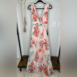 Lulu’s Garden Meandering Blush Floral Print Maxi Dress Pink Slit Size Sm…